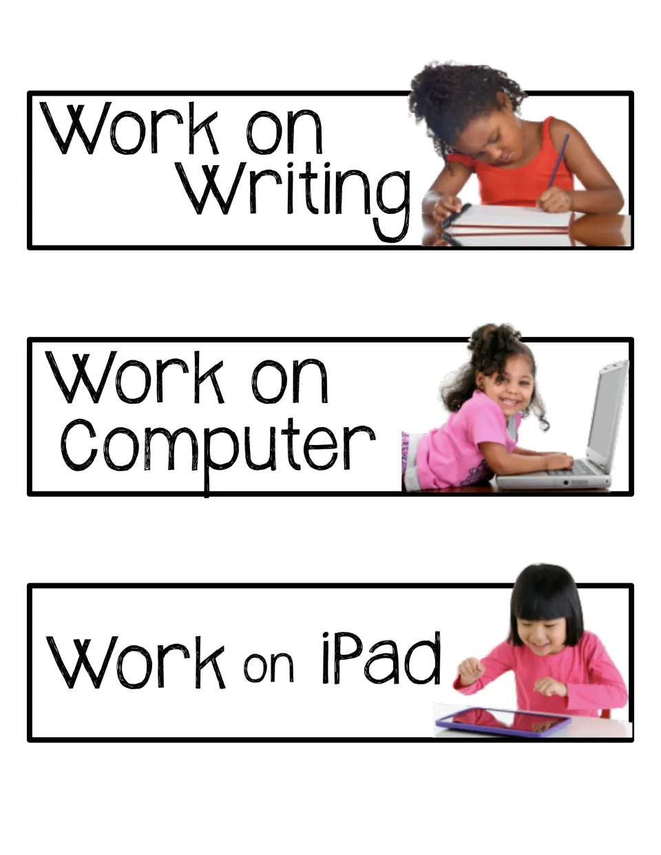 Writing and technology center signs: Work on Writing, Work on Computer and Work on iPad, each showing a child at the task