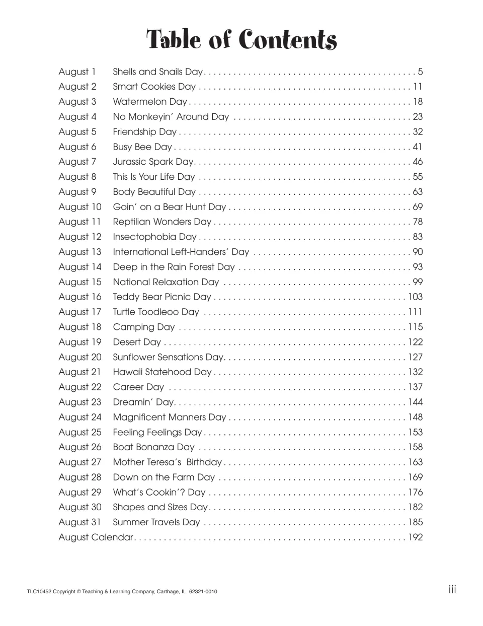 Table of contents listing a themed day for each date from August 1 Shells and Snails Day to August 31 Summer Travels Day