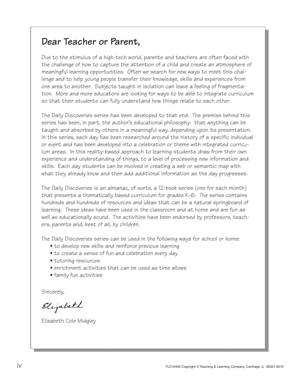 Dear Teacher or Parent letter explaining the integrated, day-by-day theme approach and ways to use it at school or home