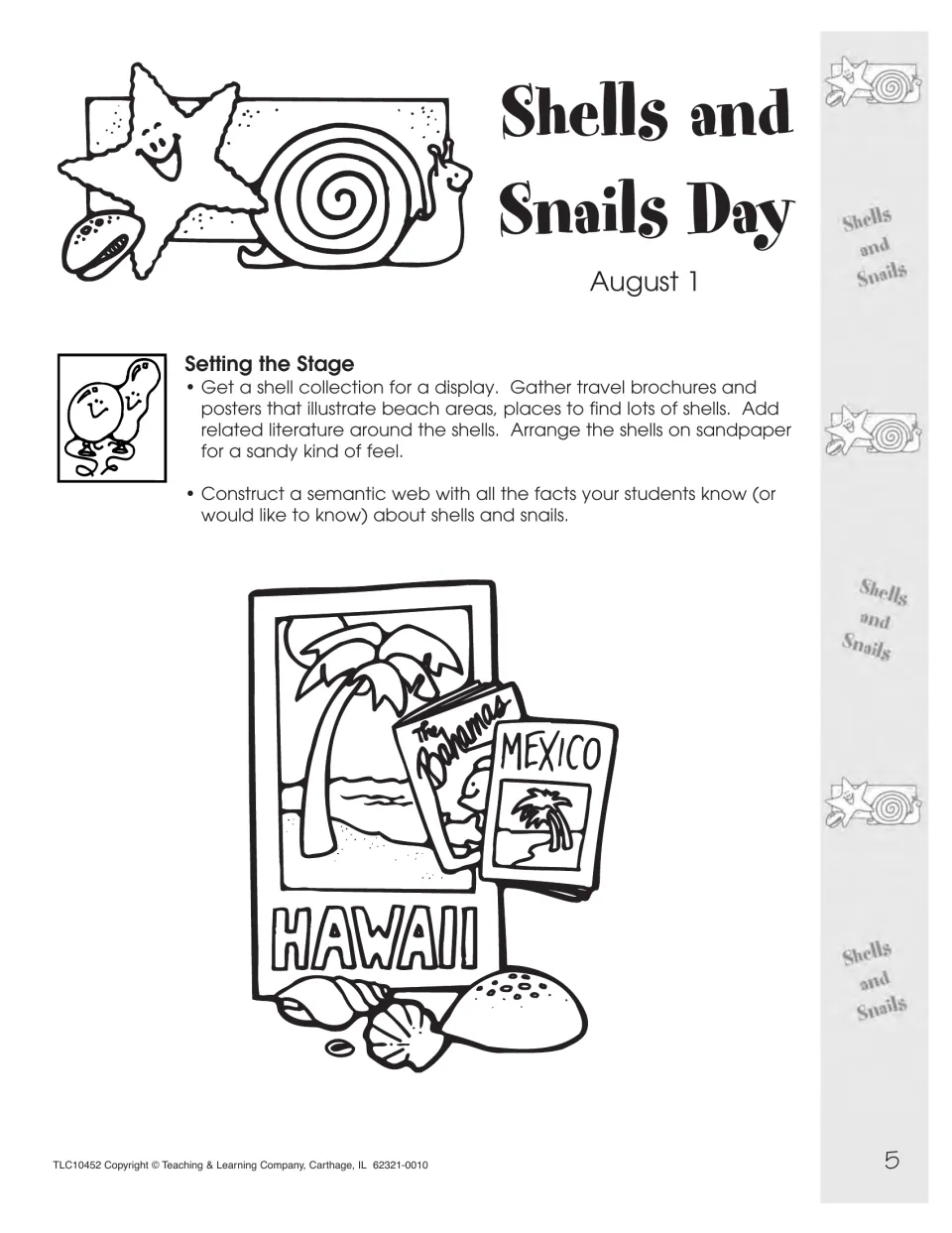 Shells and Snails Day, August 1: setting the stage with a shell display, beach travel brochures and a class semantic web