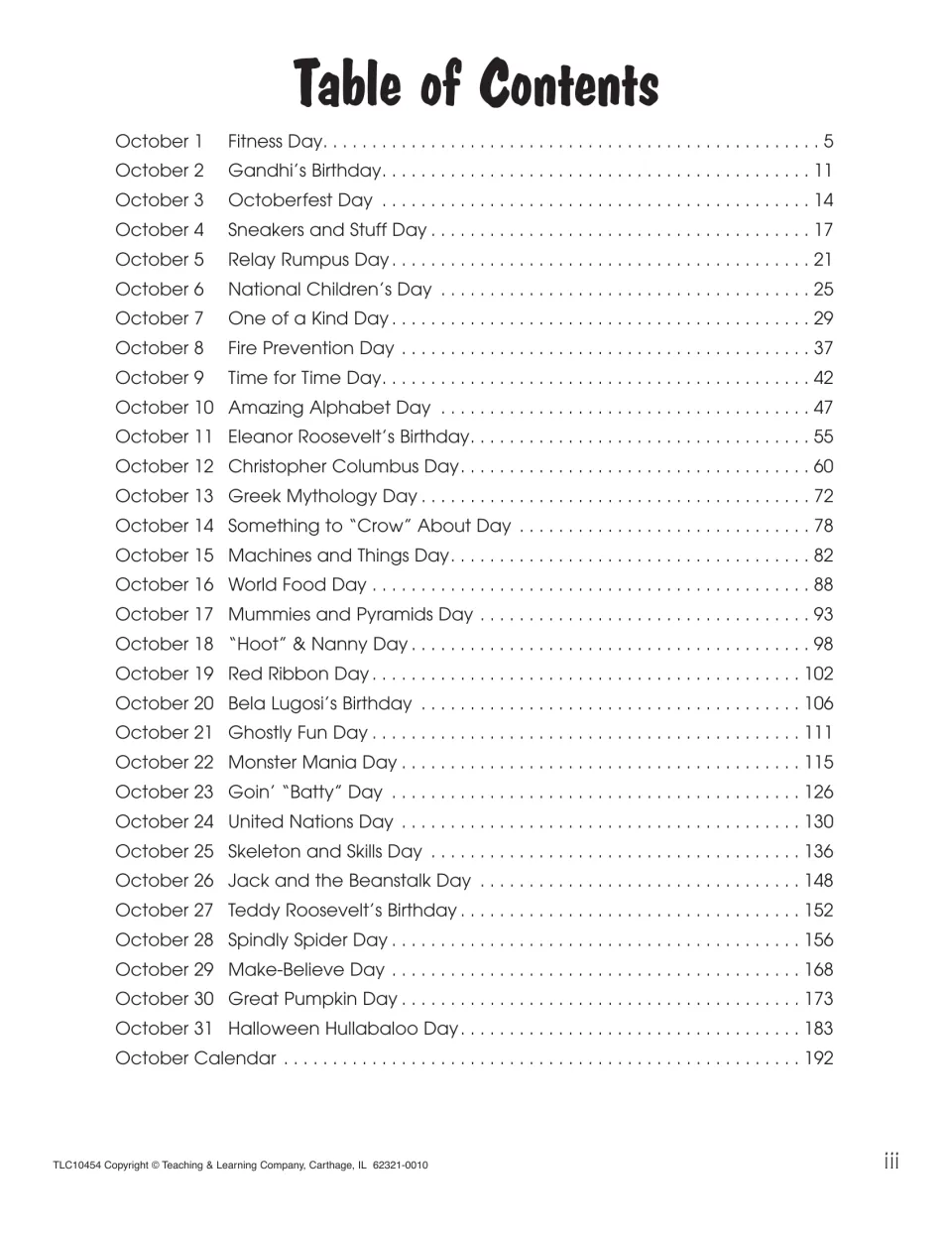 Contents for 31 October themes, from Fitness Day to Halloween Hullabaloo Day, plus an October calendar