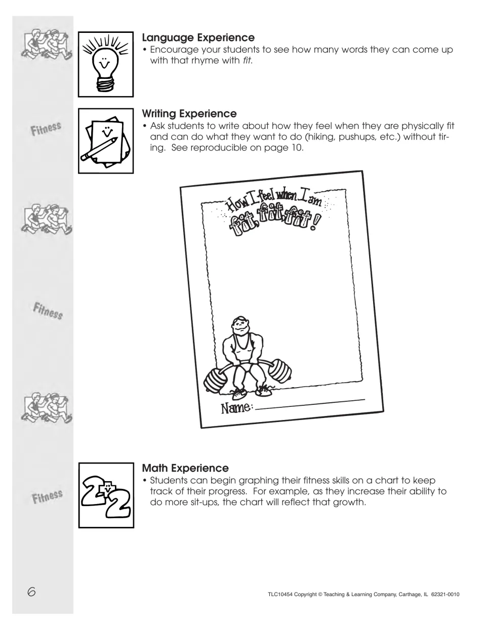 Fitness Day language, writing, and math activities: rhyme with fit, write about fitness, and graph progress