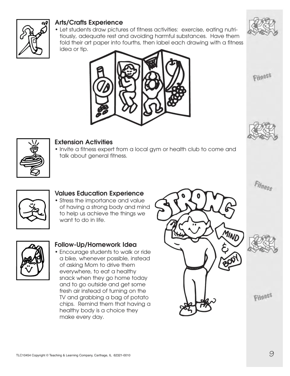 Fitness Day lesson concludes with fitness drawings, a guest expert idea, body and mind values, and homework