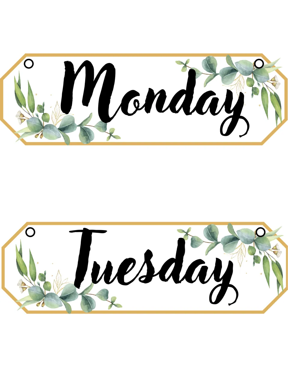 Days of the week flip cards for Monday and Tuesday, in black script with eucalyptus leaves and two hanging holes each