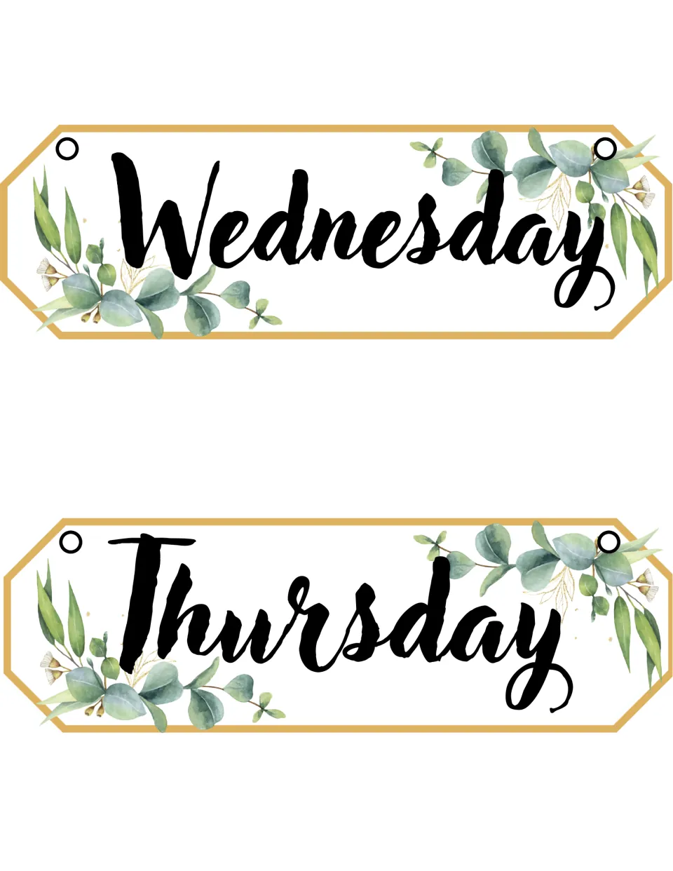 Weekday flip cards reading Wednesday and Thursday in brush lettering, framed by eucalyptus sprigs, with holes for rings