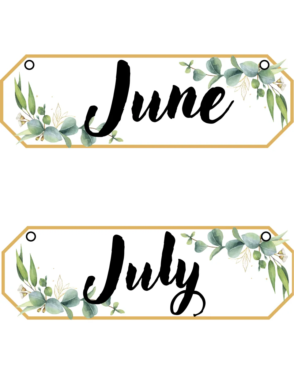 Summer month flip cards for June and July in bold black brush lettering with eucalyptus leaves and two hanging holes each
