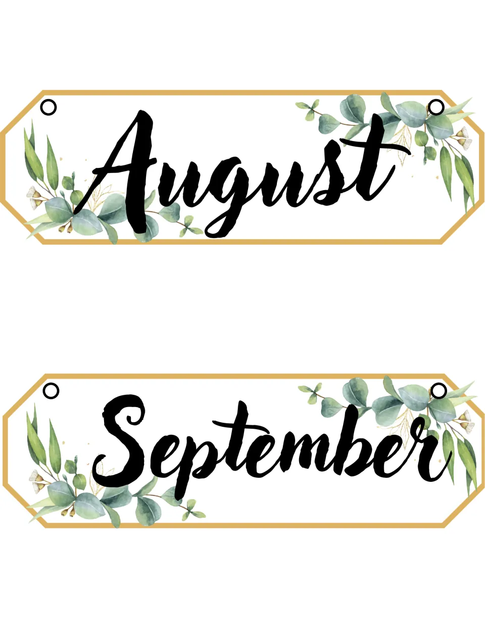 Month flip cards for August and September in brush script, with eucalyptus greenery and punched holes for ring hanging