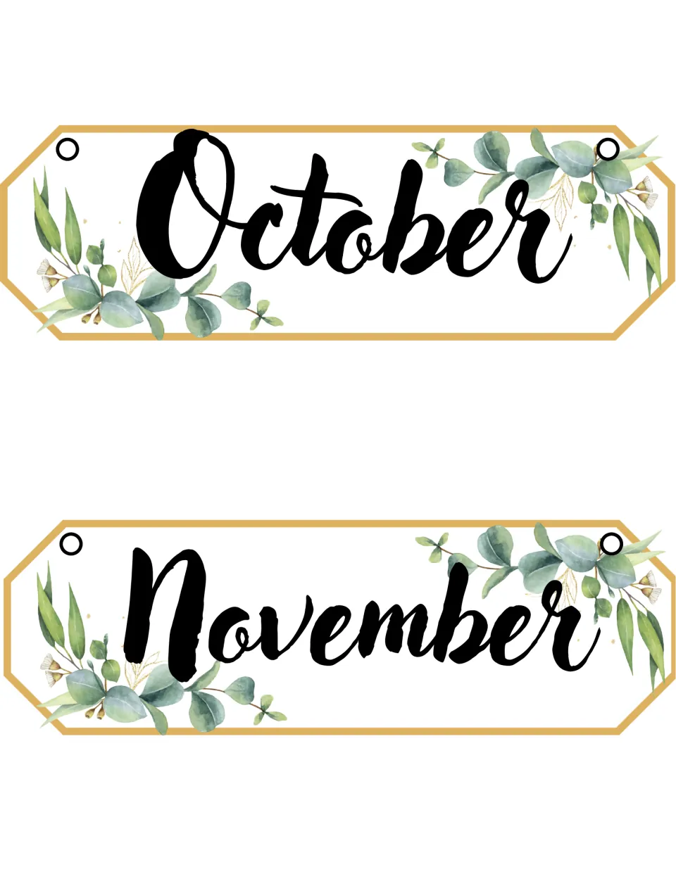 Autumn month flip cards reading October and November in black script, each card with eucalyptus leaves and two holes