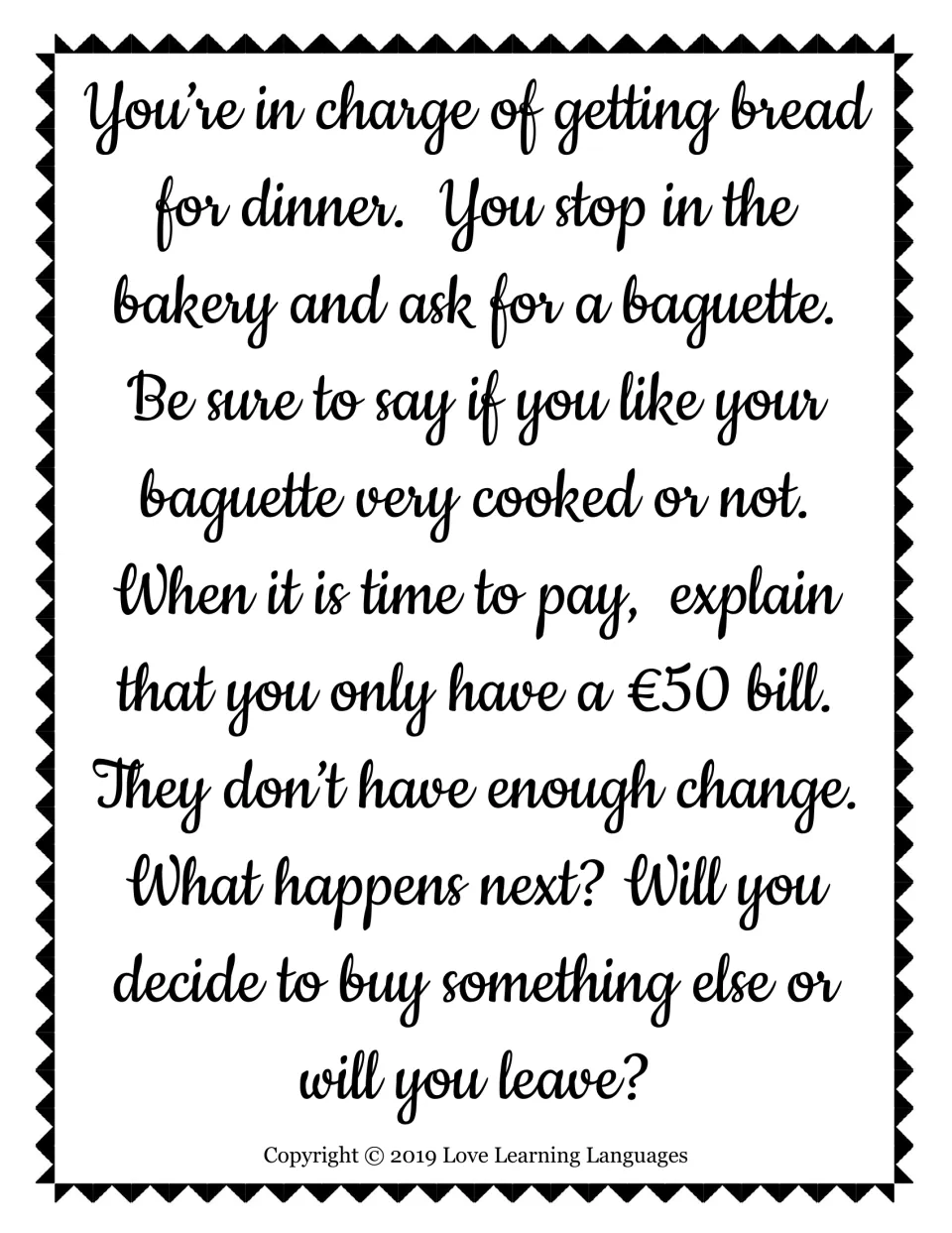 Bakery role-play scenario: order a baguette, specify how well baked, and handle paying with a €50 bill.