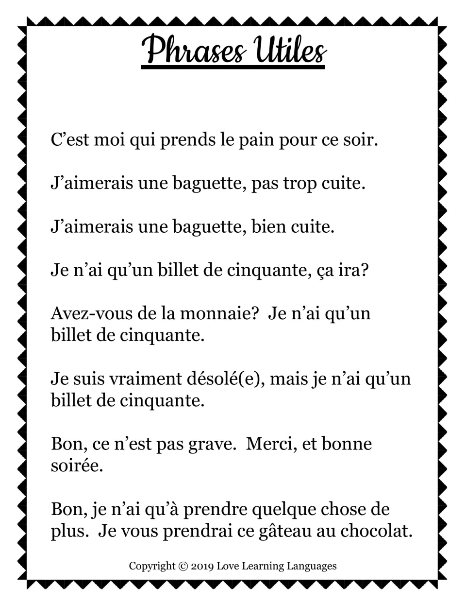 French bakery role-play phrase sheet: eight expressions for ordering bread, asking for change, and responding.