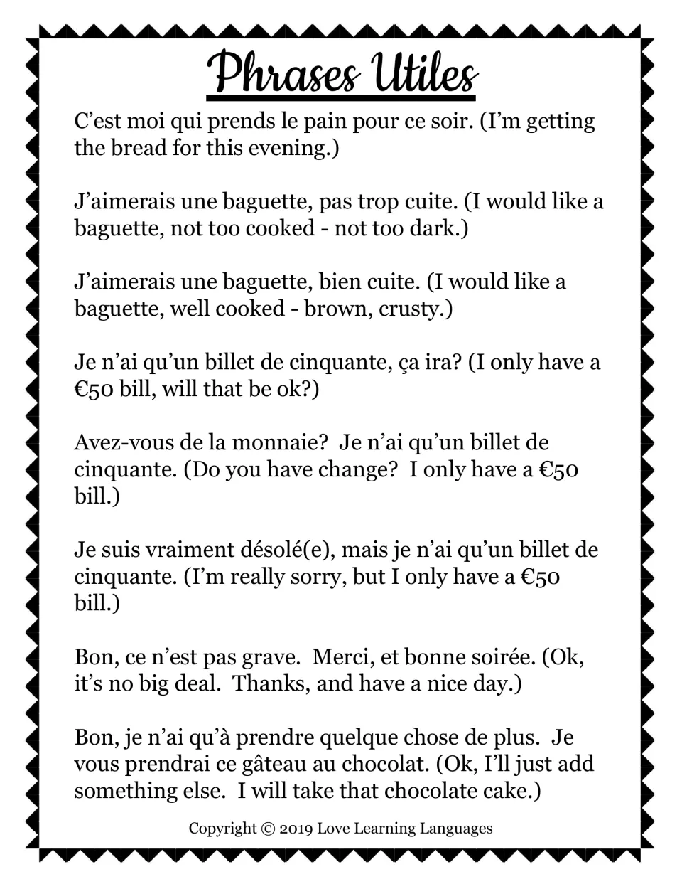 Bilingual bakery role-play phrase sheet: eight French expressions paired with English translations.