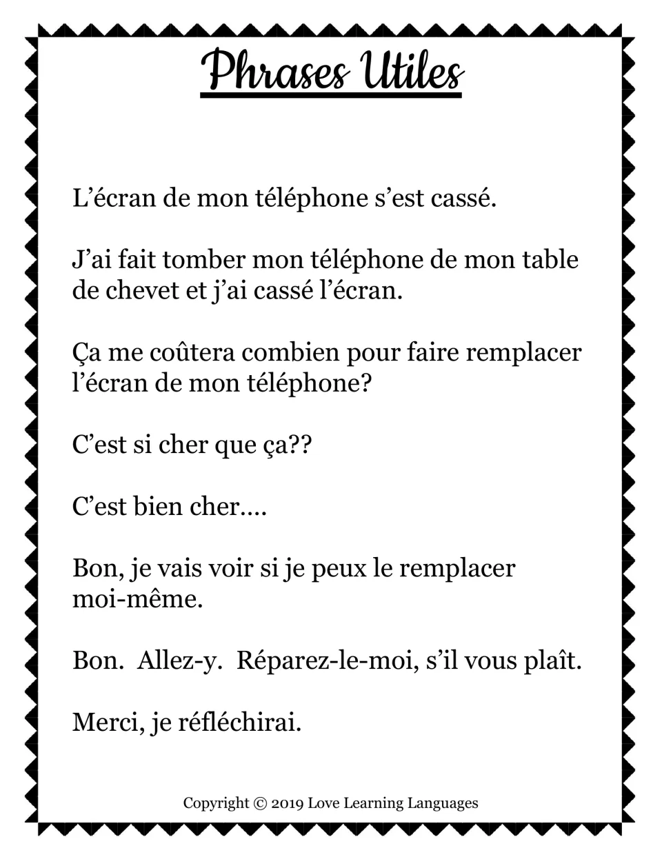 'Phrases Utiles' in French only: L'écran de mon téléphone s'est cassé, C'est si cher que ça?? and six more