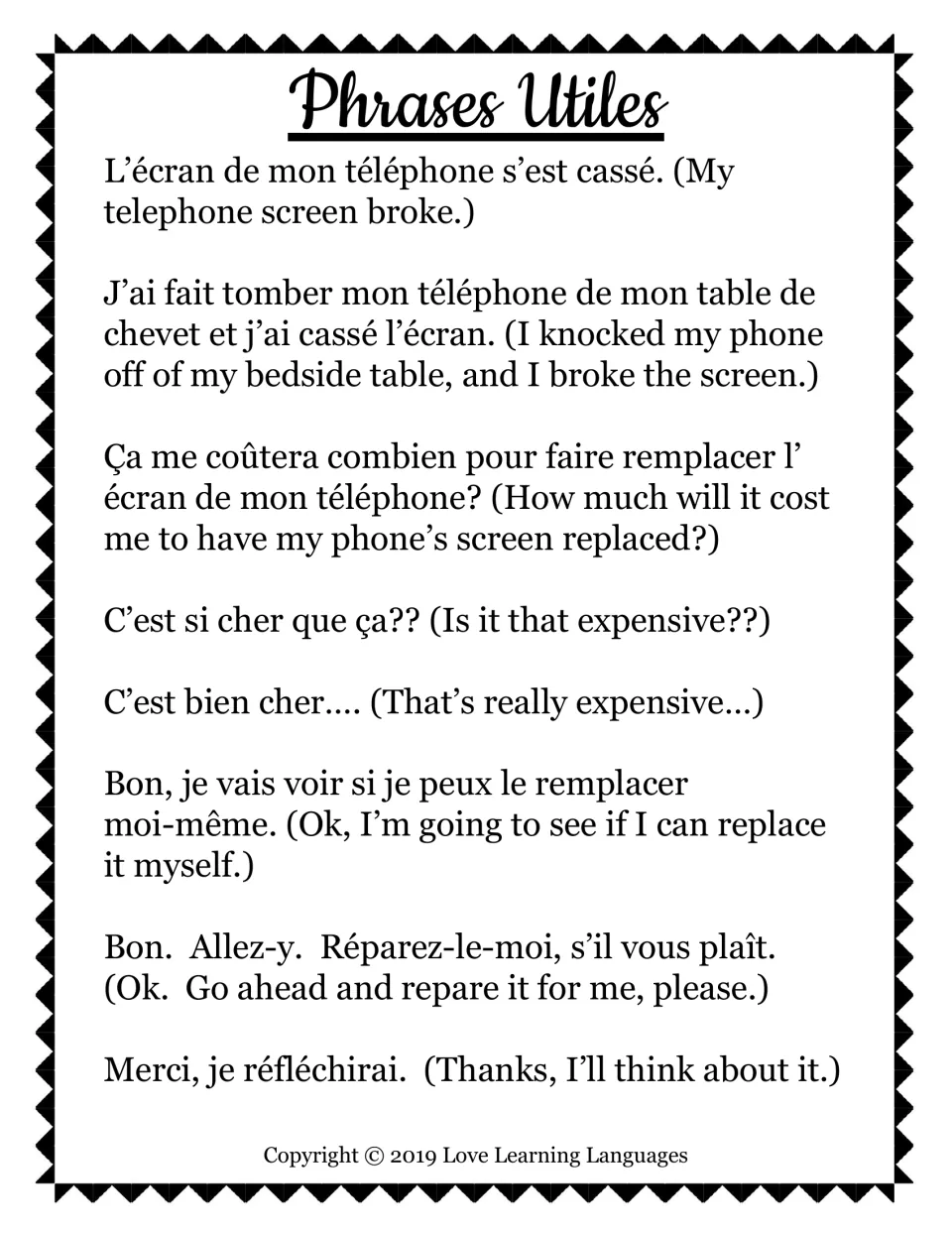'Phrases Utiles' in French and English, such as C'est si cher que ça?? (Is it that expensive??) and seven more