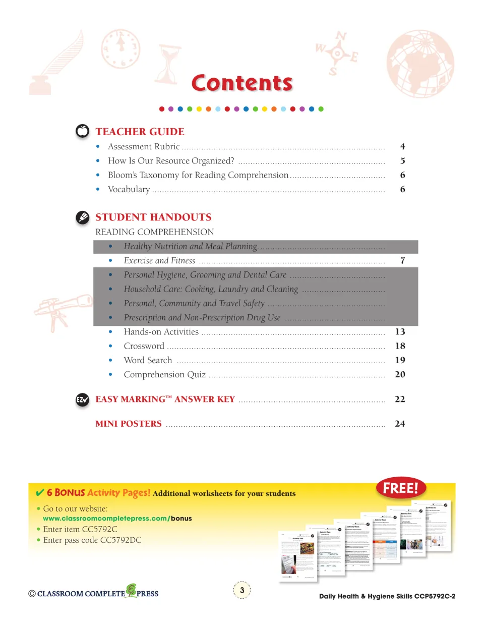 Contents: teacher guide, Exercise and Fitness reading on page 7, crossword, word search, quiz, answer key