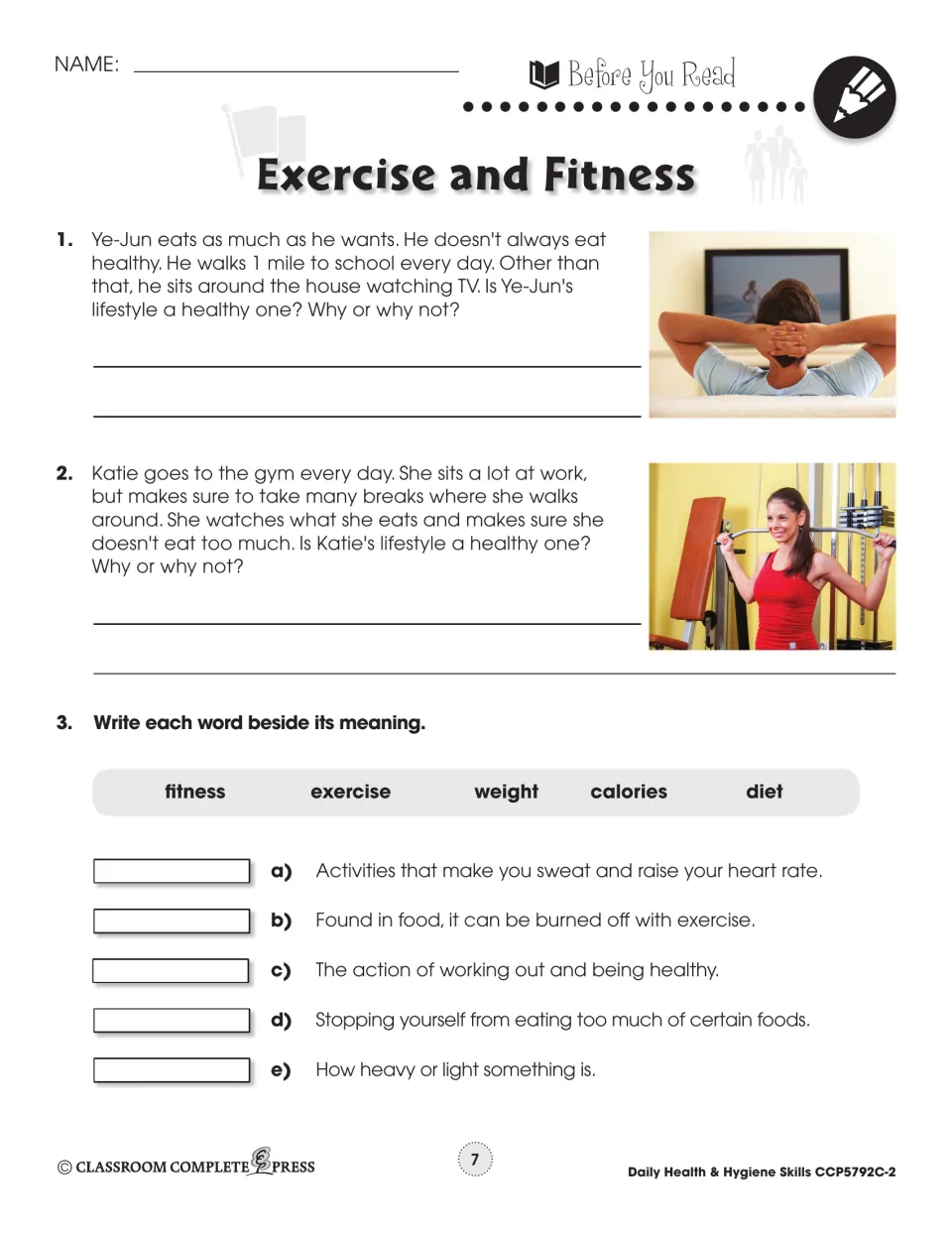 Before You Read: is Ye-Jun's or Katie's lifestyle healthy? Then match fitness, exercise, weight, calories, diet