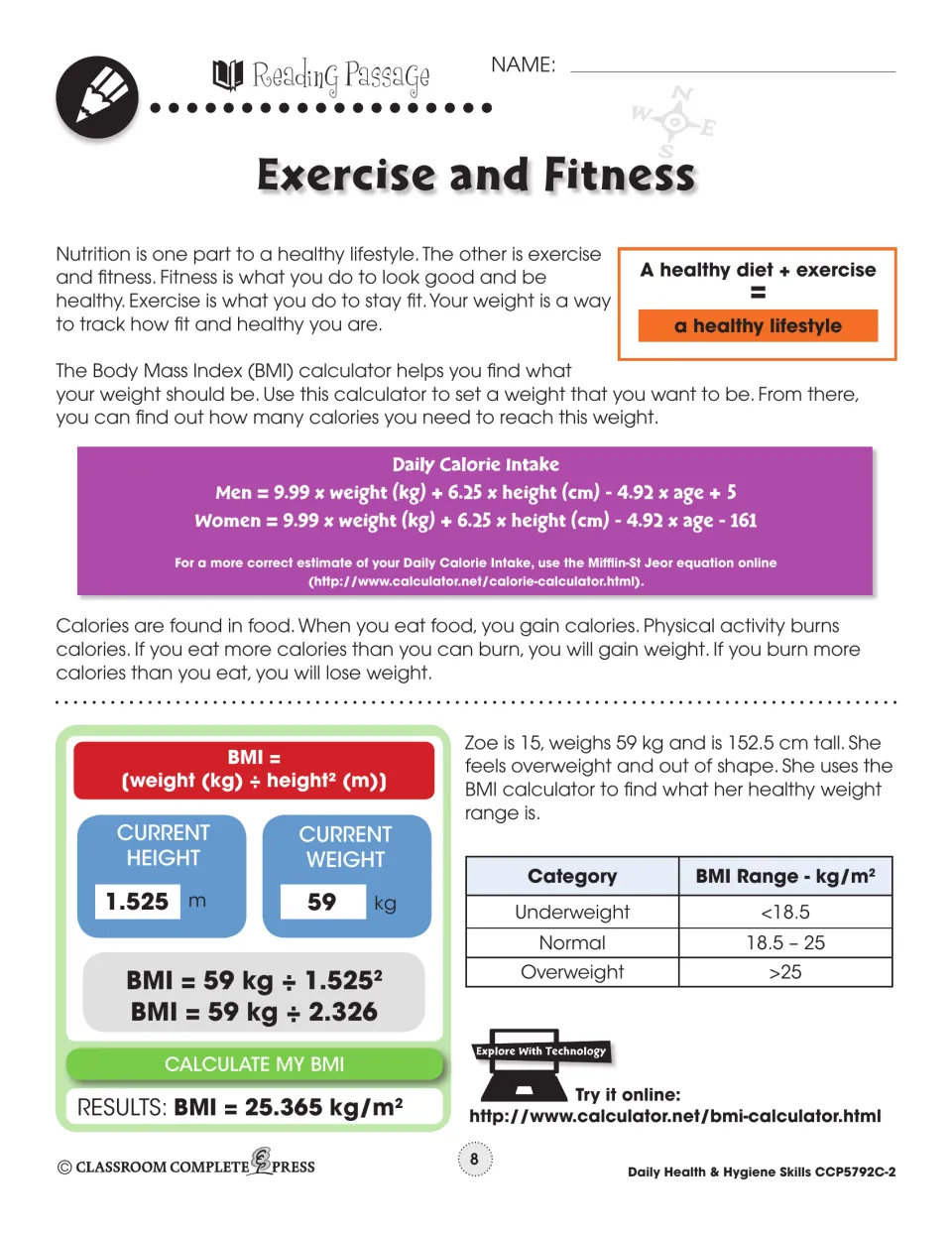 Reading passage part 1: calories and BMI, with daily calorie intake formulas and Zoe's BMI worked out as 25.365