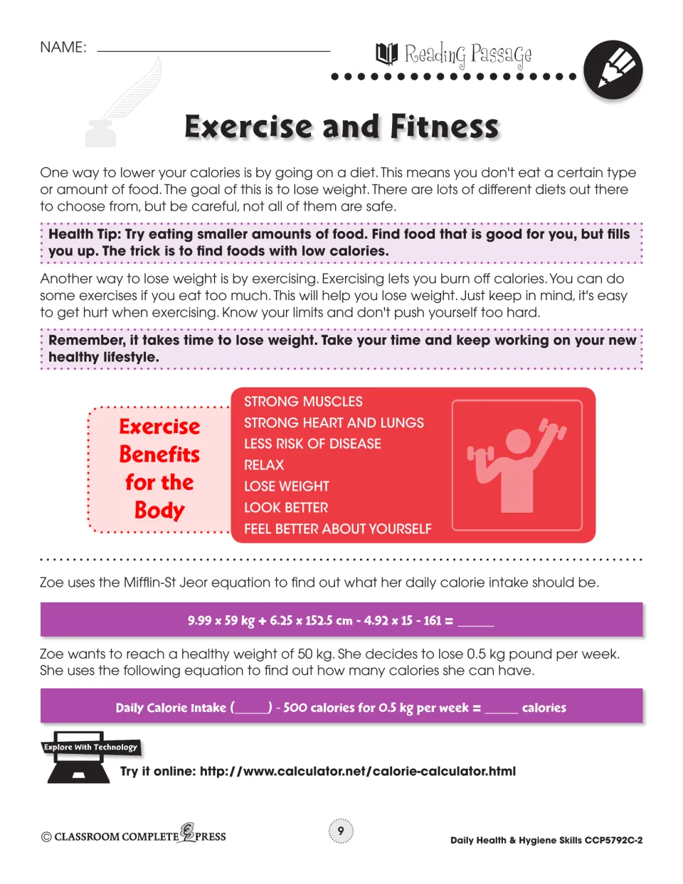 Reading passage part 2: dieting, exercise benefits for the body, and Zoe's Mifflin-St Jeor calorie equation