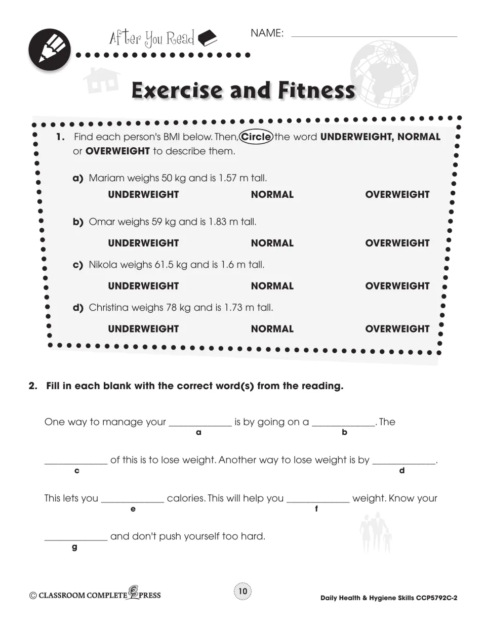 After You Read: find BMI for Mariam, Omar, Nikola and Christina, then fill in blanks a–g from the reading
