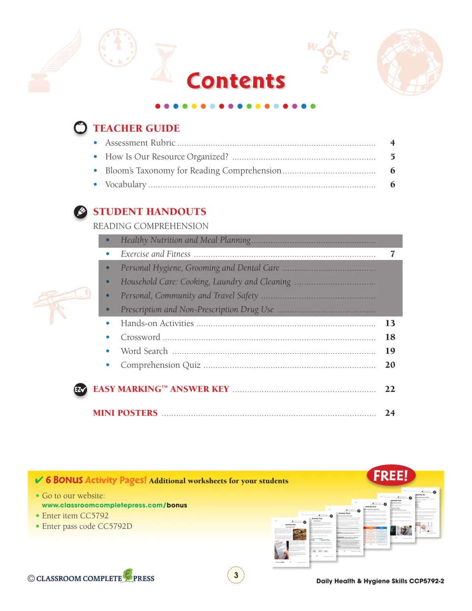 Contents: teacher guide, Exercise and Fitness reading on page 7, hands-on activities, crossword, quiz and mini posters