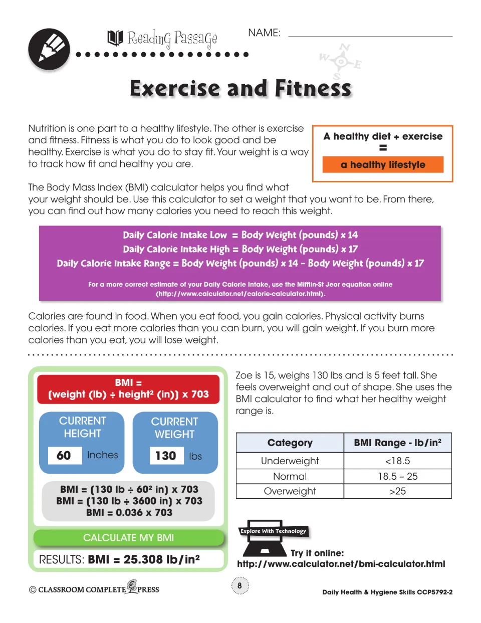 Exercise and Fitness reading, part 1: daily calorie intake formulas and Zoe's BMI worked out as 25.308