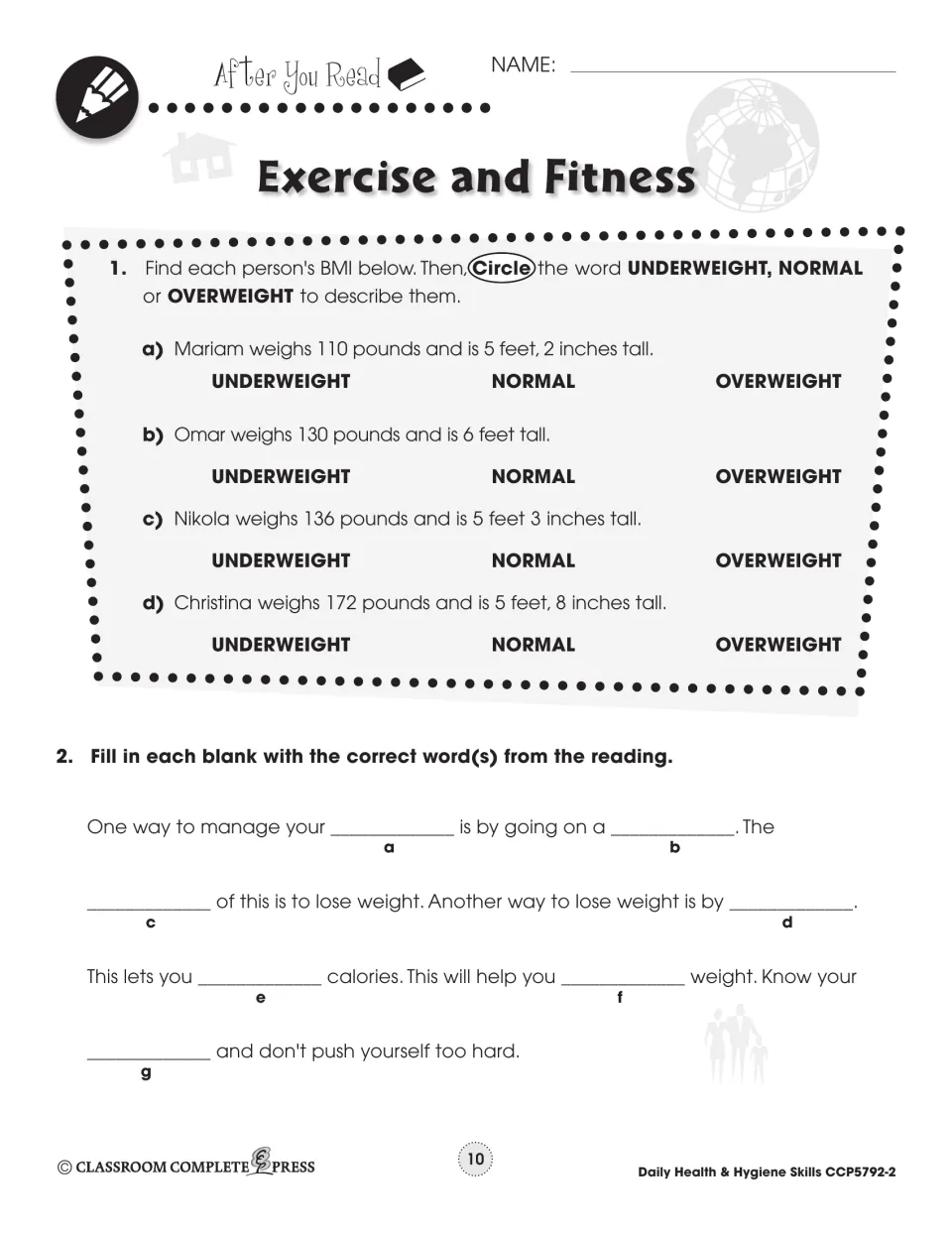 After You Read: find BMI for Mariam, Omar, Nikola and Christina, then fill in blanks about diet and exercise