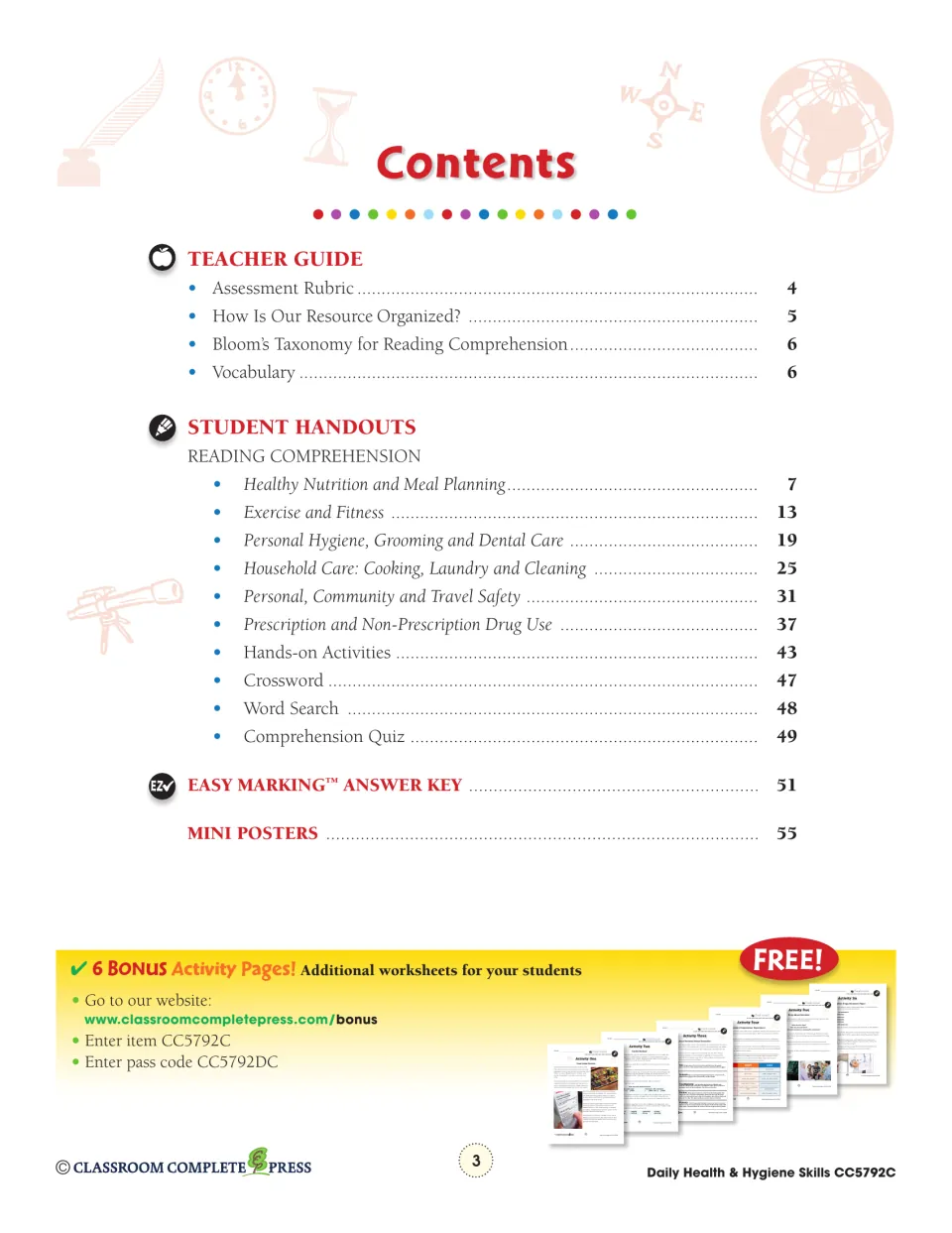Table of contents: teacher guide, reading topics from nutrition to drug use, puzzles, quiz and answer key