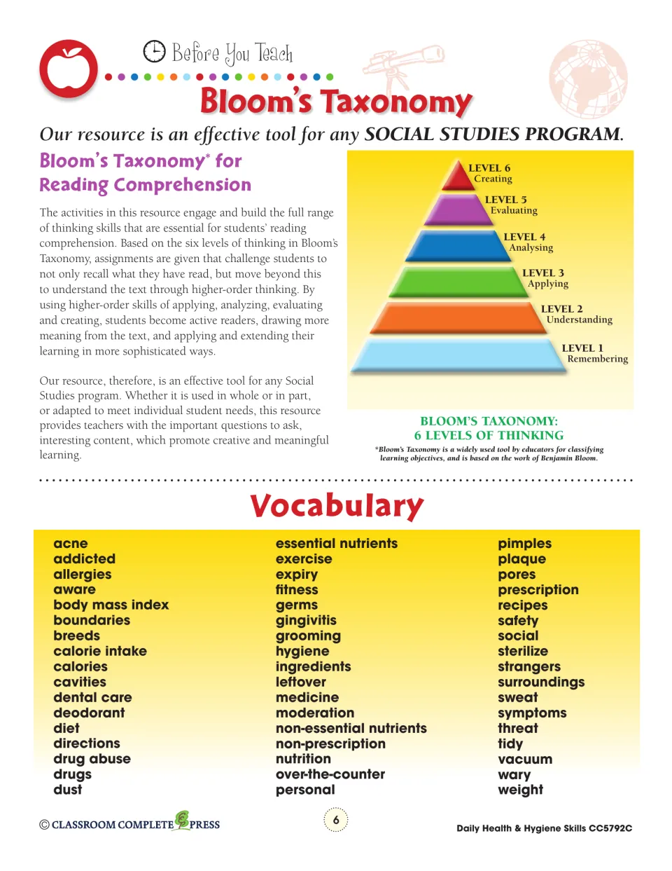 Bloom's Taxonomy six levels of thinking pyramid and vocabulary list: acne, calories, gingivitis, hygiene and more