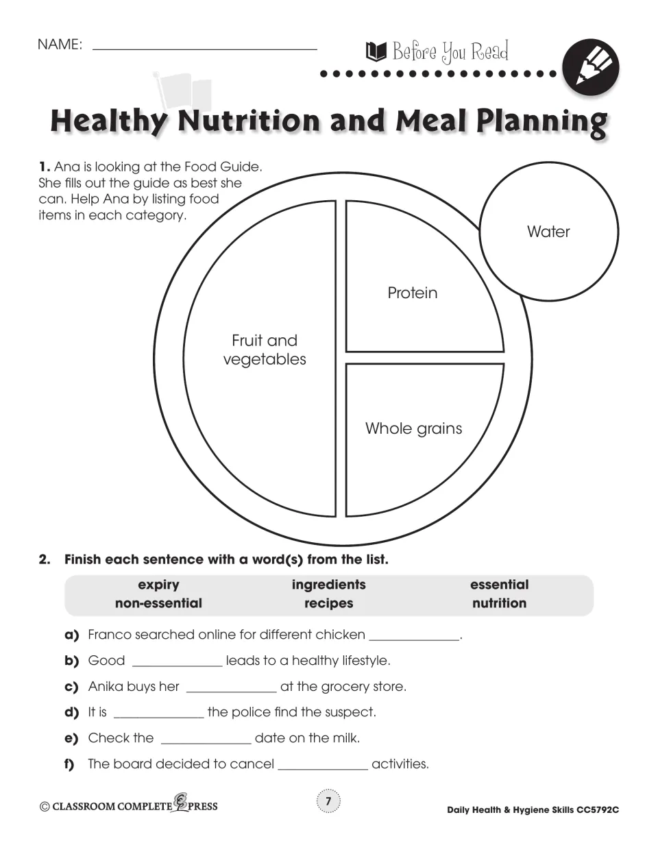 Nutrition Before You Read page: list foods on the Food Guide plate, finish six sentences with words like recipes