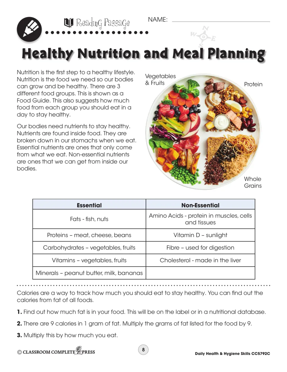 Nutrition reading passage on nutrients and the Food Guide plate, with essential vs. non-essential nutrient chart