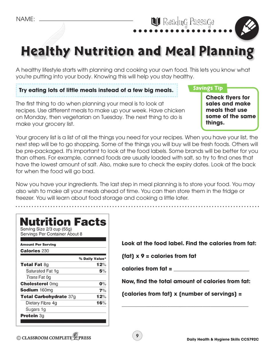 Meal planning passage: recipes, grocery lists, food labels and storage, with a Nutrition Facts label calorie task