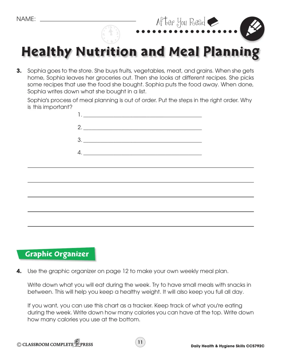 Nutrition questions 3–4: order Sophia's meal planning steps and make a weekly meal plan on the page 12 organizer