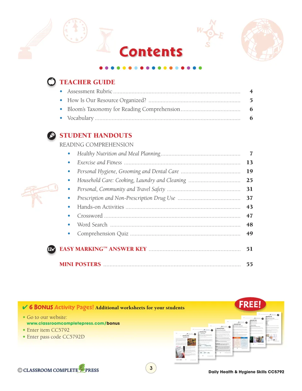 Contents: teacher guide, six reading topics from nutrition to drug use, crossword, word search, quiz, answer key