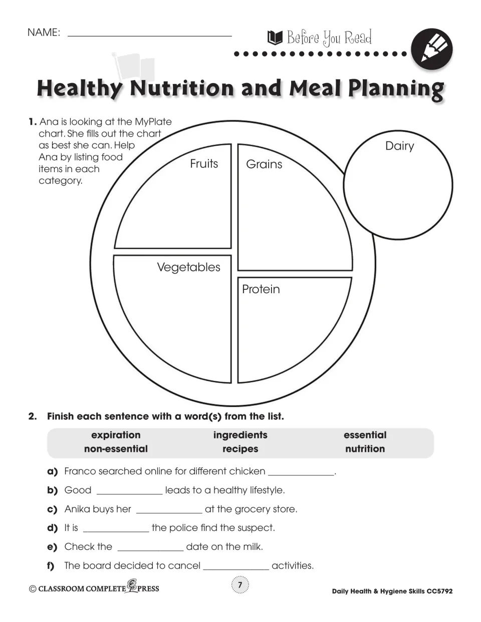 Before You Read on nutrition: list foods on a MyPlate chart, then fill blanks with recipes, expiration and more