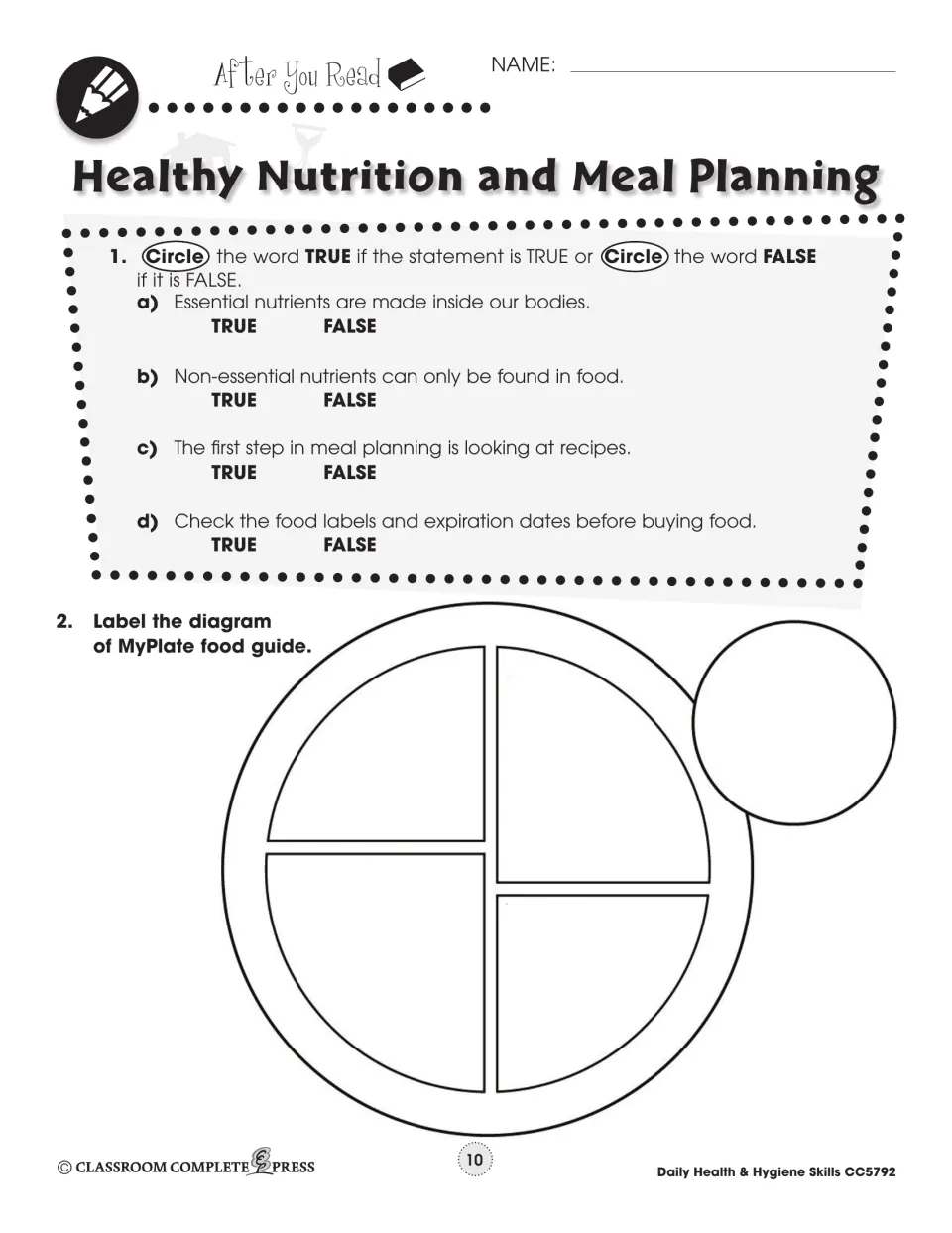 After You Read on nutrition: four true-or-false items on nutrients and meal planning, then label a blank MyPlate