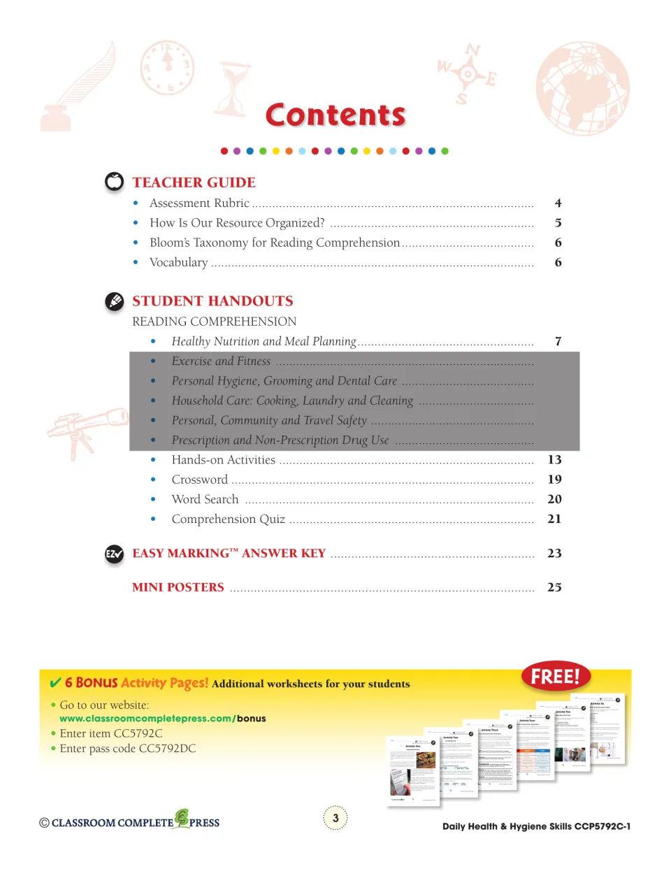 Contents: teacher guide, nutrition reading, hands-on activities, crossword, word search, quiz, answer key and posters