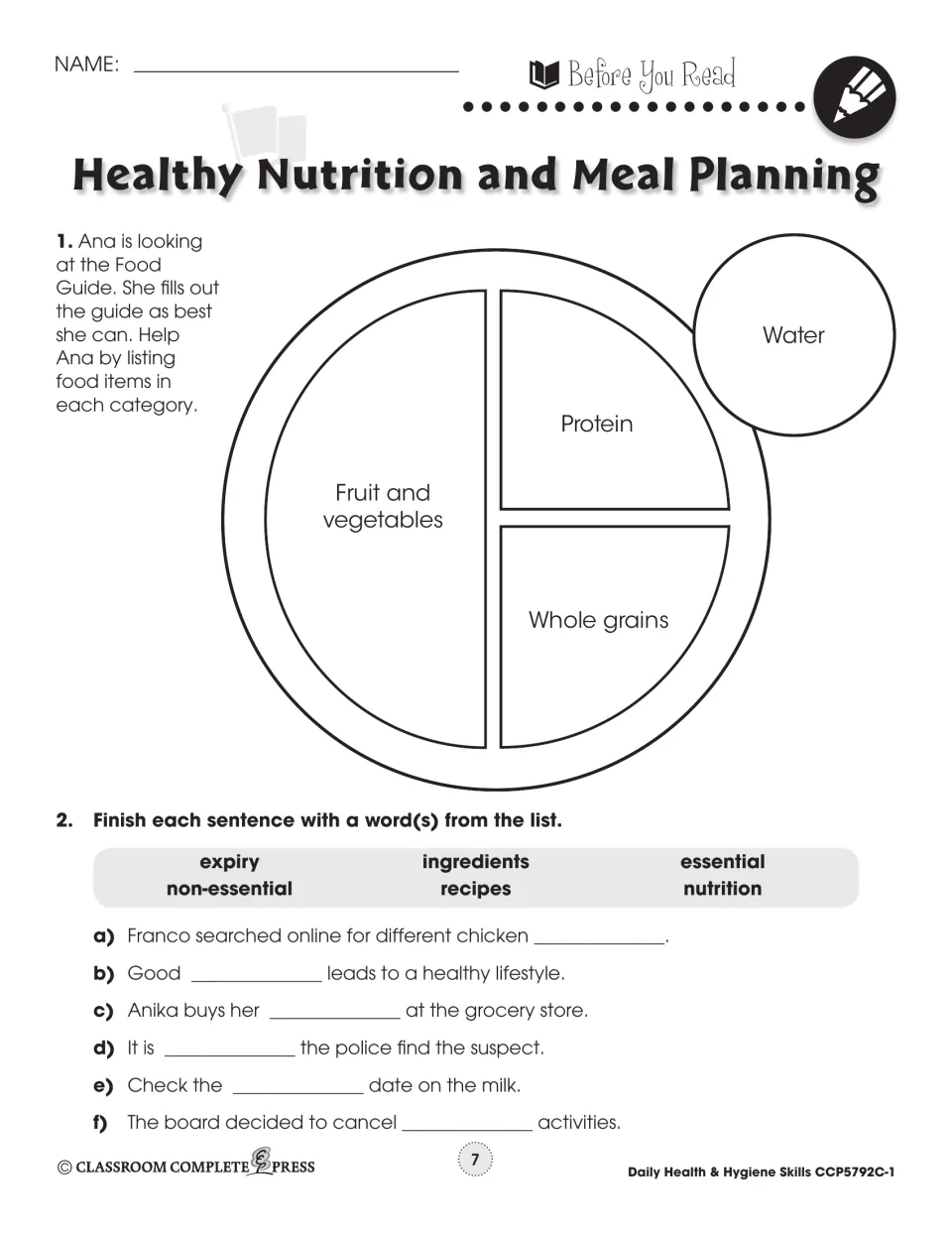 Food Guide plate prereading: students list foods for fruit and vegetables, protein, whole grains and water, then fill blanks
