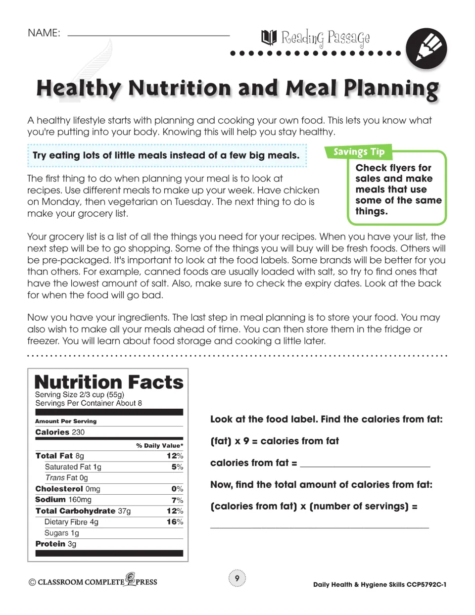 Meal planning reading: recipes, grocery lists, labels, storage; students use a Nutrition Facts label to find fat calories