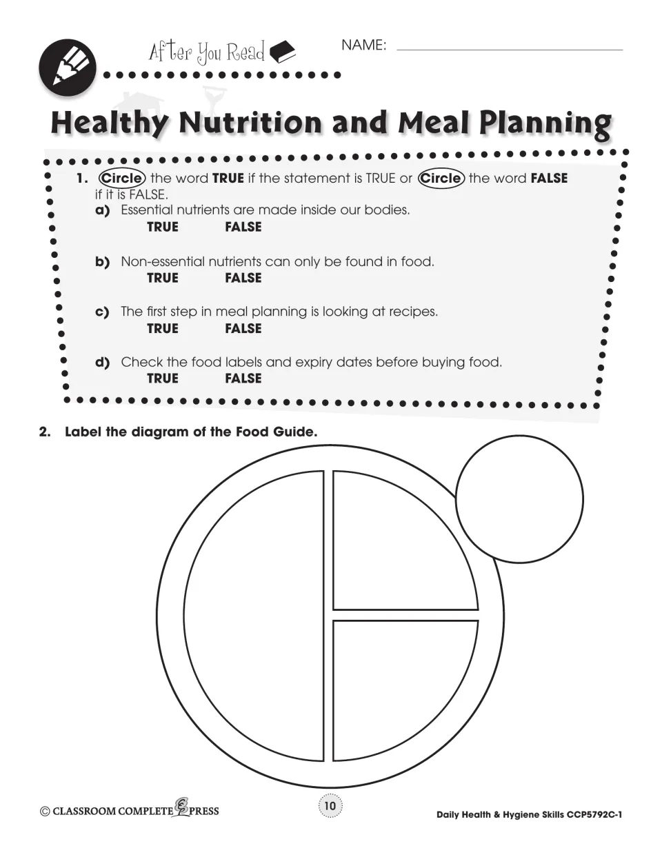 Nutrients and meal planning review: students circle true or false for 4 statements, then label a blank Food Guide plate