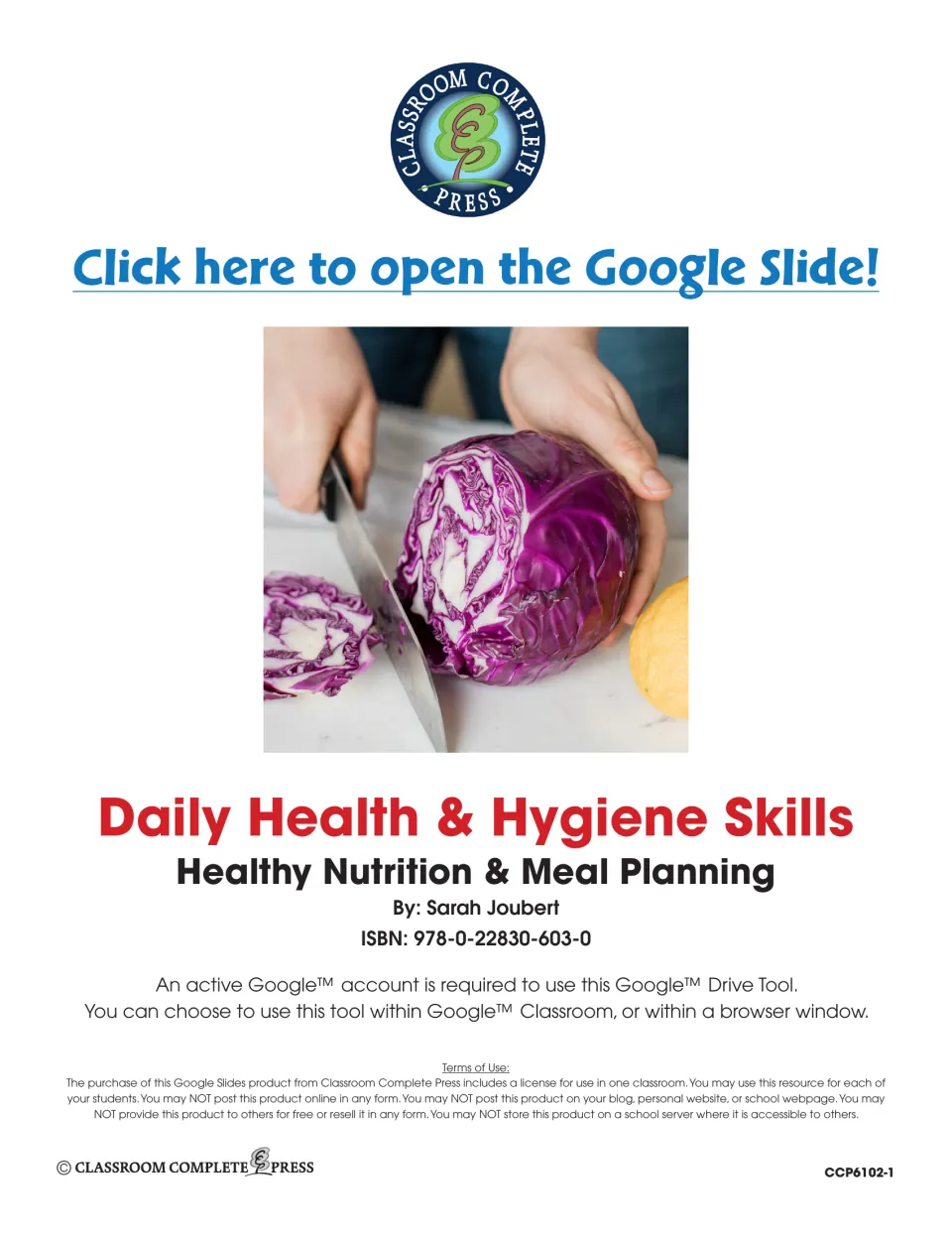 Title page by Sarah Joubert with a link to open the Google Slide, a note that a Google account is needed, and terms of use