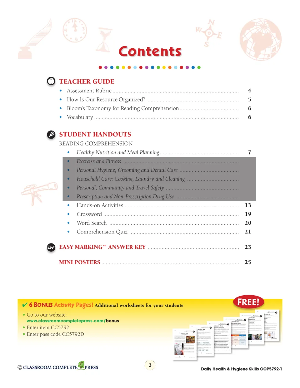 Contents listing the teacher guide, nutrition reading, hands-on activities, crossword, quiz, answer key and mini posters