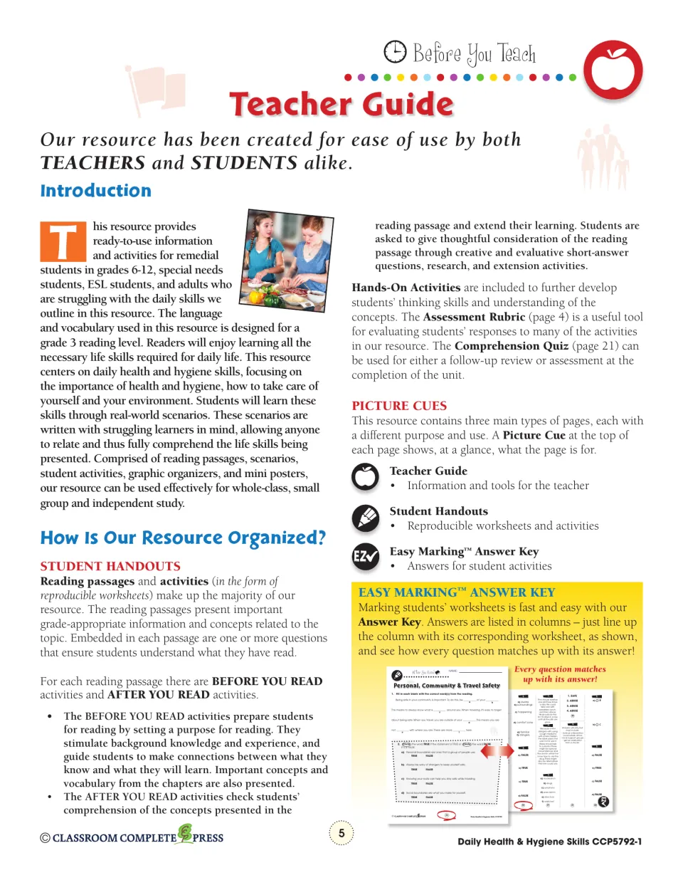 Teacher guide introduction explaining reading passages, before/after reading activities, picture cues and answer key