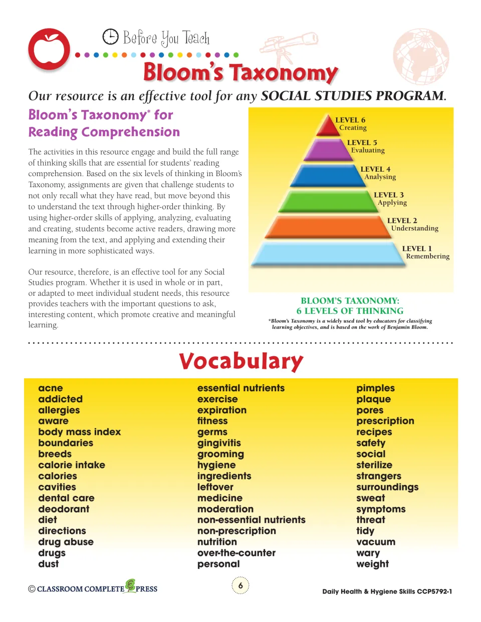 Bloom's Taxonomy pyramid of six thinking levels and a vocabulary list of health words such as calories and plaque