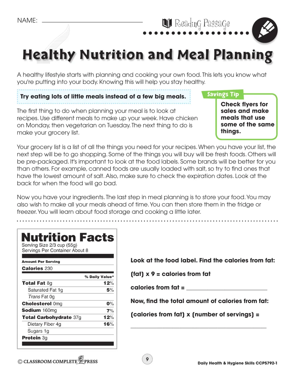 Meal planning reading on recipes, grocery lists, labels and storage; students calculate fat calories from a food label