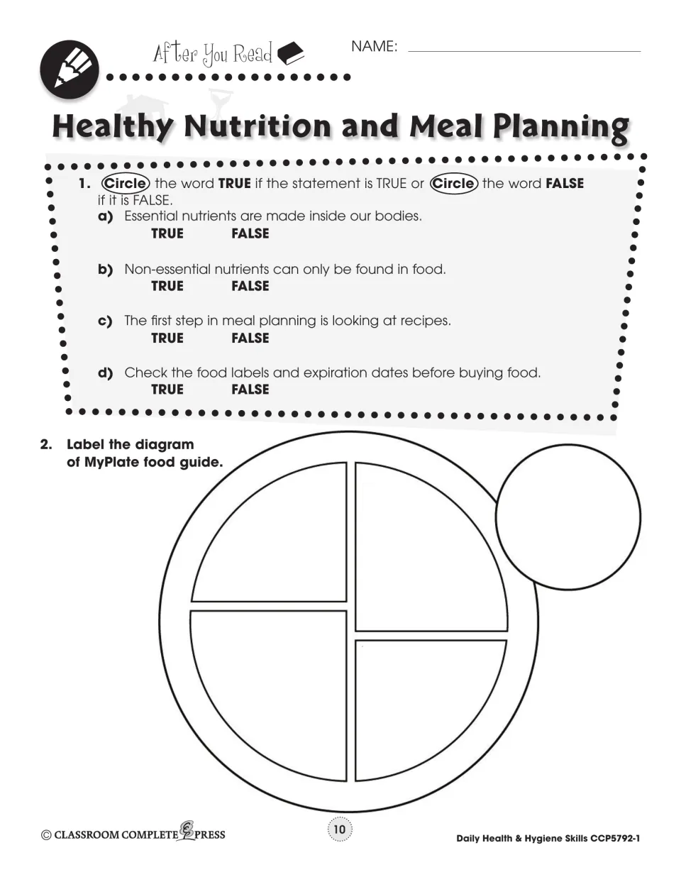 After-reading check: students mark four nutrition statements true or false, then label the food groups on a blank MyPlate