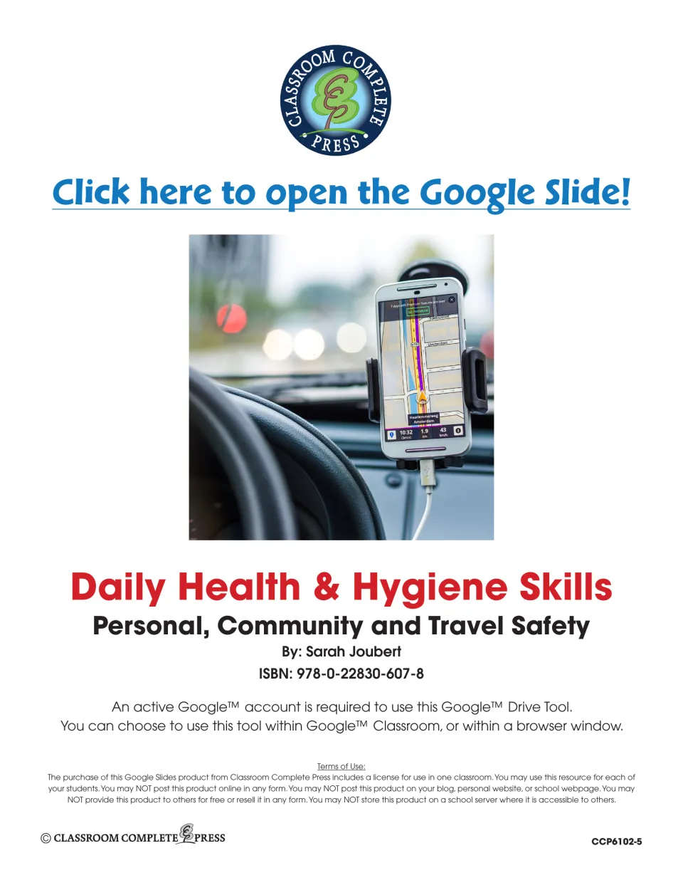 Daily Health & Hygiene Skills title page by Sarah Joubert with the Google Slide link and one-classroom terms of use