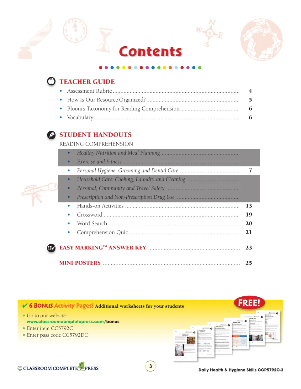 Contents listing teacher guide, hygiene reading pages, hands-on activities, crossword, word search, quiz and mini posters