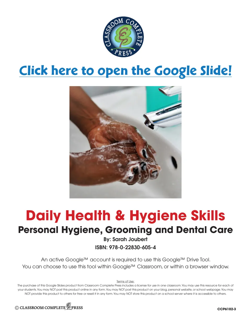 Daily Health & Hygiene Skills title page by Sarah Joubert with the Google Slide link and terms of use