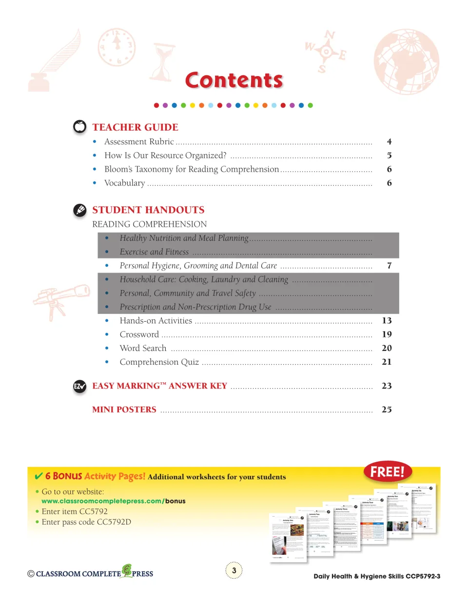 Contents listing teacher guide, reading pages from page 7, hands-on activities, crossword, word search, quiz and answer key