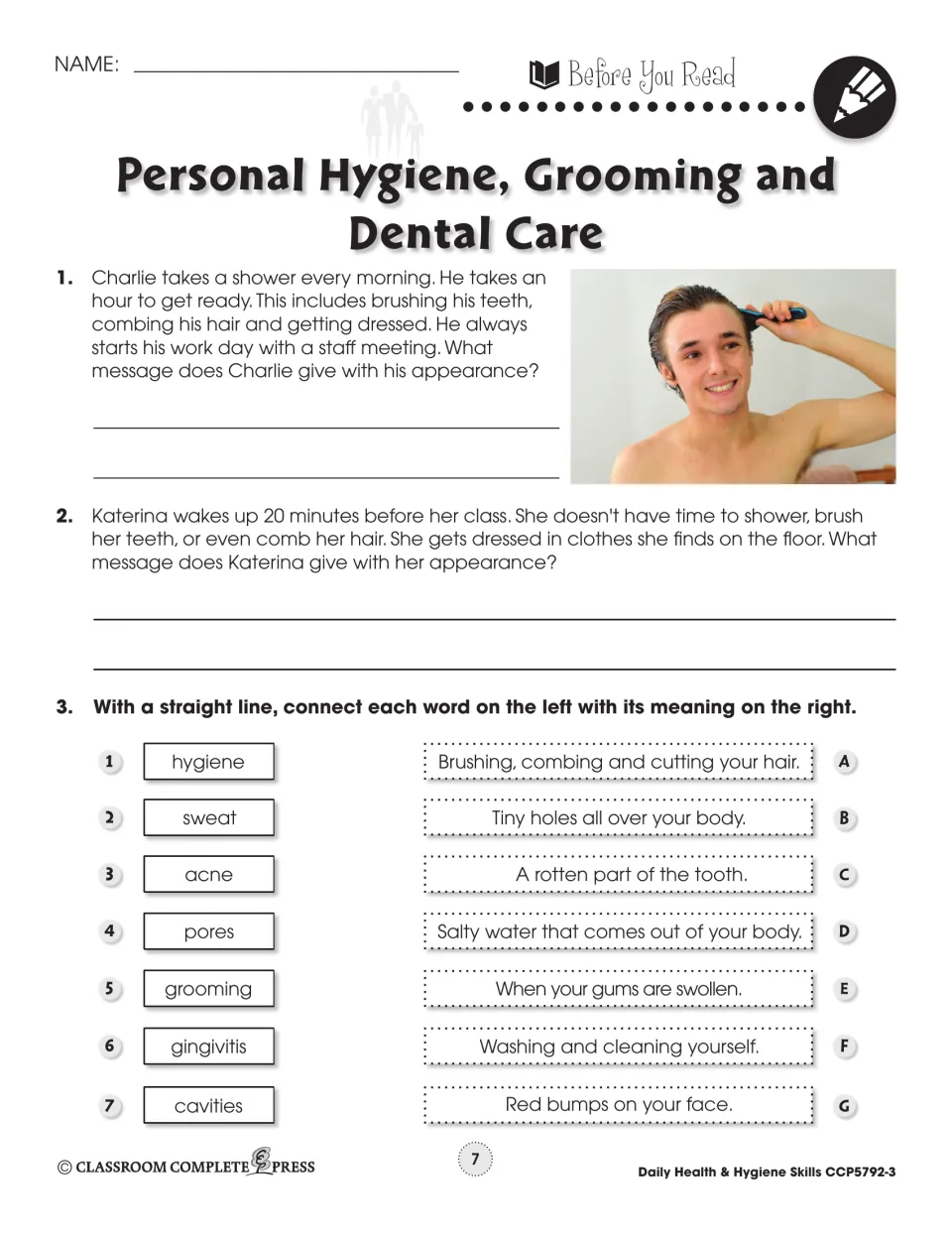 Before you read: students say what Charlie's and Katerina's looks tell others, then match 7 hygiene words to meanings