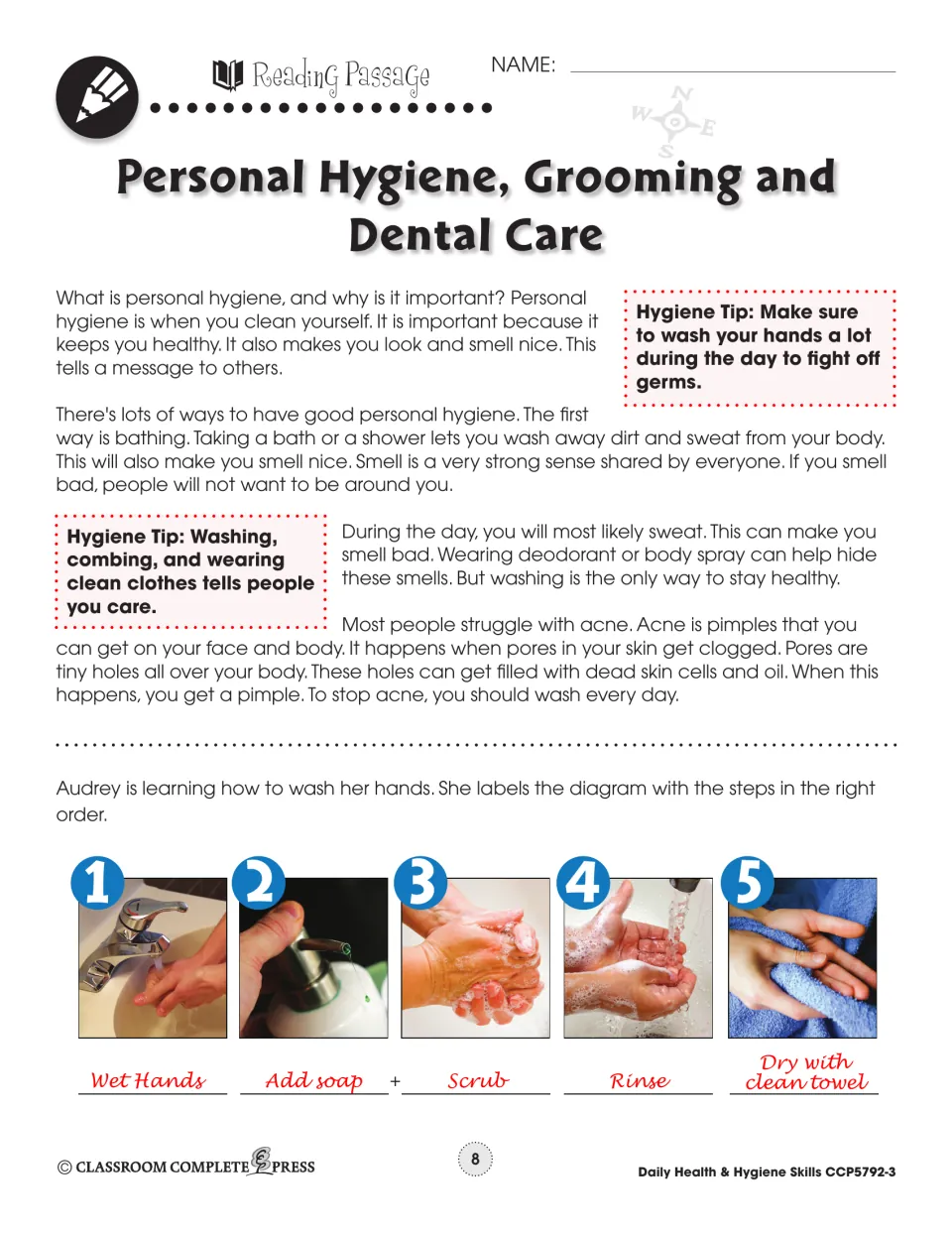 Reading passage on bathing, sweat, deodorant and acne from clogged pores, with a five-step handwashing photo sequence